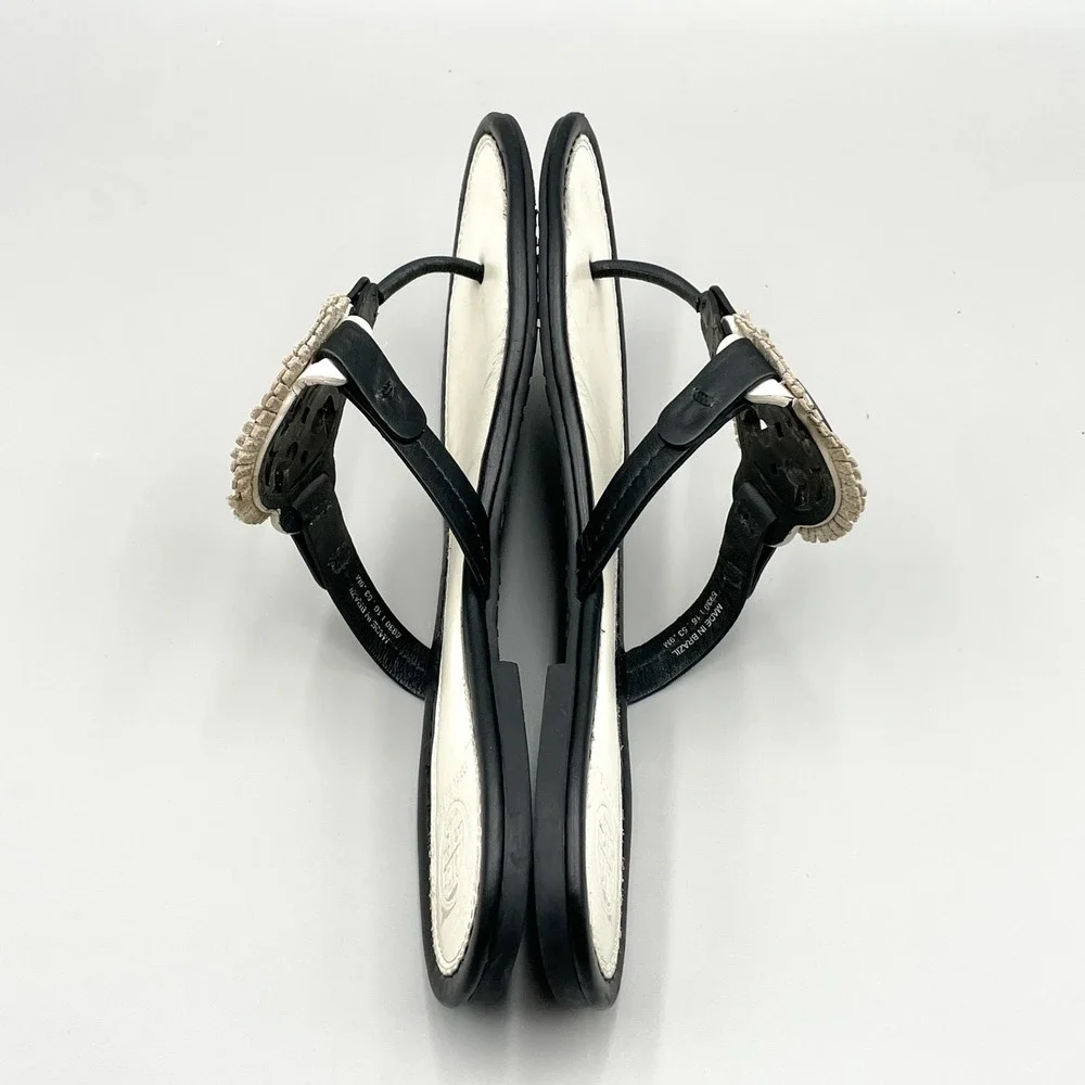 Tory Burch Miller Fringe Sandals Womens 9M Black White Leather Logo Thong Flats